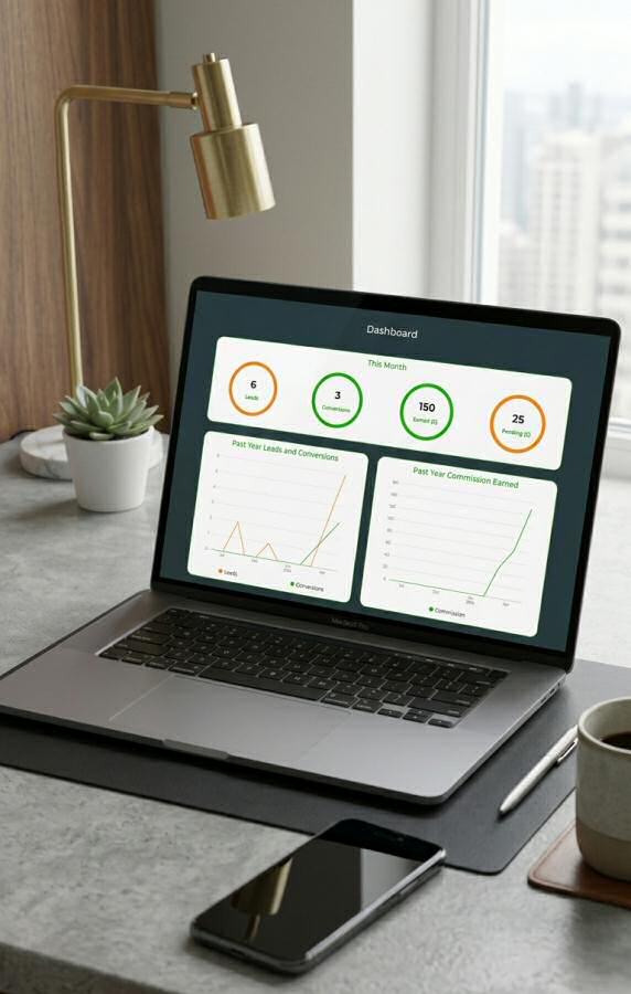 A laptop showing a dashboard on a modern desk with a view of a cityscape out of the window