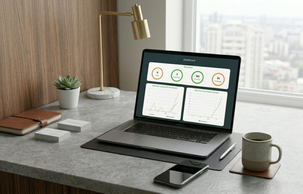 A laptop showing a dashboard on a modern desk with a view of a cityscape out of the window