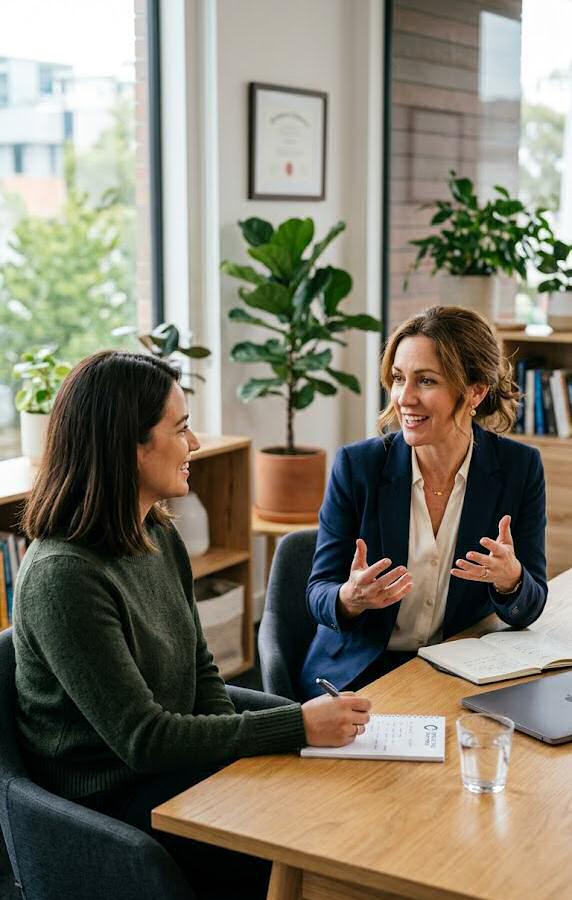 Two professional women talking in a modern office setting