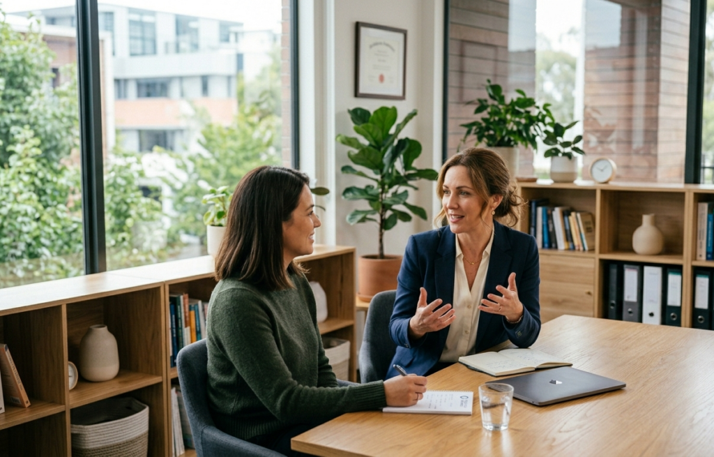Two professional women talking in a modern office setting